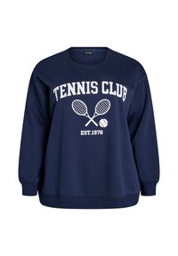 Námornícka modrá mikina s okrúhlym výstrihom a dlhými rukávmi. Má biele texty "TENNIS CLUB" a dizajn tenisových rakiet s loptičkou.