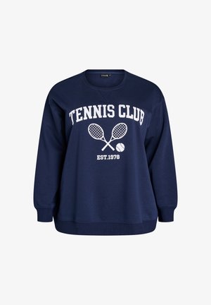 Granatowy sweatshirt z okrągłym dekoltem i długimi rękawami. Posiada napis "TENNIS CLUB" w białym kolorze oraz wzór rakiet tenisowych z piłką.