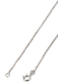 Ezüst nyaklánc csavart kialakítással, biztonságos homárkapoccsal. A szemek simák és fényes felületűek.