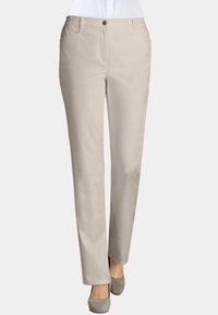 Beige straight-leg broeken met een gladde textuur, voorzien van zijzakken, een enkele knoopsluiting en subtiele stikdetails.
