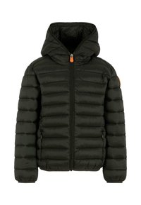 Giacca a vento nera con cappuccio, design trapuntato, zip frontale e zip pull arancione. Polsini elastici e un piccolo logo sulla manica.