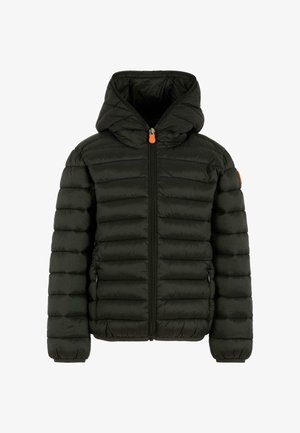 Giacca a vento nera con cappuccio, design trapuntato, zip frontale e zip pull arancione. Polsini elastici e un piccolo logo sulla manica.