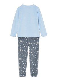 Light blue long-sleeve top with grey pants featuring white snowflake and leaf patterns on a white background.