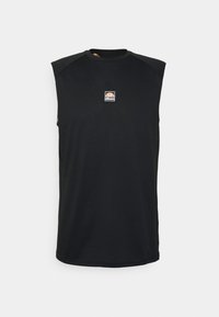 Black sleeveless T-shirt with a rounded neckline and a logo patch on the chest, made from soft fabric with a smooth texture.