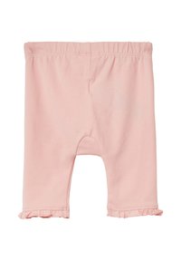 Roze katoenen shorts met een elastische tailleband, voorzien van ruches aan de onderkant. Het ontwerp is glad zonder patronen of hardware.
