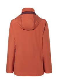 Giacca impermeabile arancione con cappuccio, caratterizzata da una texture liscia e un retro leggermente più lungo. Nessun marchio o decorazione visibile.