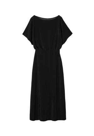 Črna obleka ohlapnega kroja, kratkimi rokavi, elastičnim pasom in subtilno bleščico po celotni površini. Narejena iz mehkega, tekočega materiala.