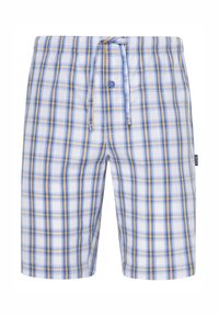 Rutiga shorts med ett ljusblått, vitt och gult mönster. Tillverkade av lättviktig tyg, med elastiskt midjeband och dragsko.