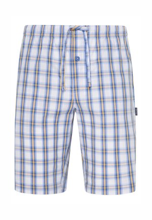 Szorty w kratę z jasnoniebieskim, białym i żółtym wzorem. Wykonane z lekkiego materiału, z elastycznym pasem i sznurkiem.