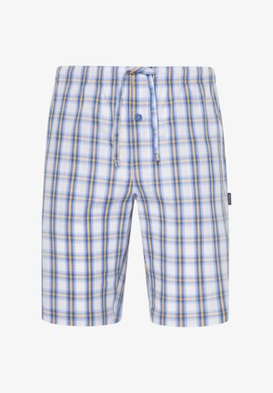 Szorty w kratę z jasnoniebieskim, białym i żółtym wzorem. Wykonane z lekkiego materiału, z elastycznym pasem i sznurkiem.