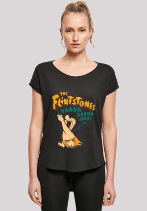 Black T-shirt with short sleeves, featuring a graphic print of a cartoon character and text: "The Flintstones Yabba Dabba Doo!" in vibrant colors.