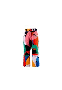 Pantaloni colorati e fantasia caratterizzati da un mix di forme rosa, verde, blu, arancione e nere. Inclusi tasche con zip e una cintura ampia.