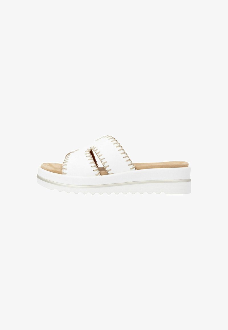 Sandale slide blanche à bout ouvert avec larges brides cousues, semelle intérieure beige rembourrée et semelle blanche épaisse à motif ondulé.