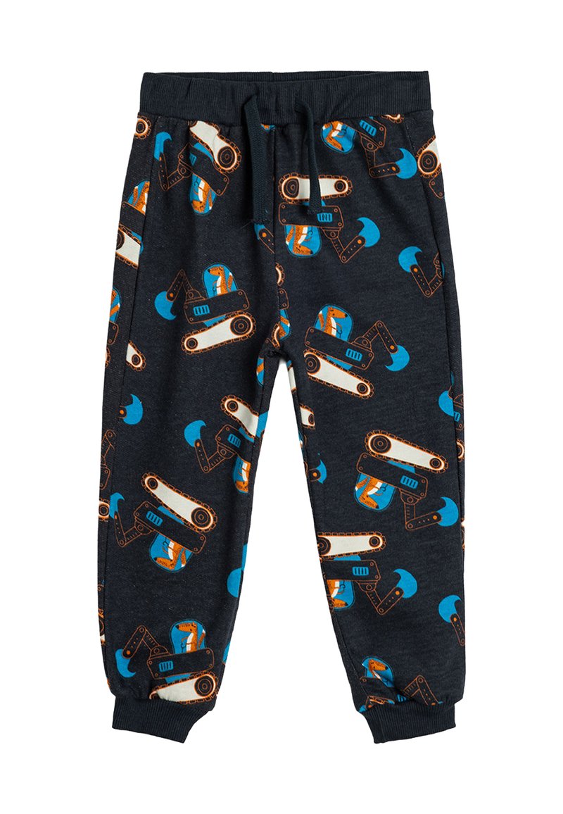 Mørkegrå pyjamabukser med et gentaget mønster af orange og blå byggeudstyr. Elastisk talje med snor. Blødt stof.
