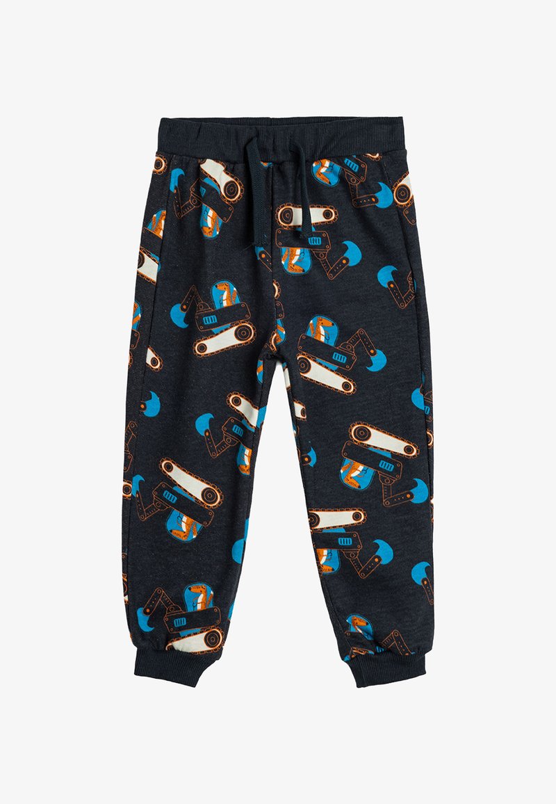 Dunkelgraue Schlafanzughosen mit einem wiederholten Muster aus orangefarbenen und blauen Baustellenfahrzeugen. Elastischer Taillenbund mit Kordelzug. Weicher Stoff.