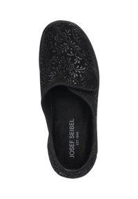 Sort slip-on sko med blomsterpræget mønster, blød tekstur og polstret inderside. Har logo-detaljer på indersålen.