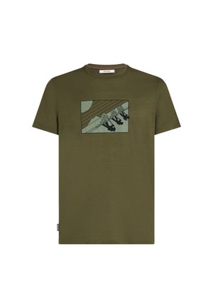 Olive green short-sleeve t-shirt made from soft fabric featuring a mountain scene illustration with figures in a rectangular design.