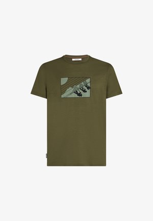 Olive green short-sleeve t-shirt made from soft fabric featuring a mountain scene illustration with figures in a rectangular design.