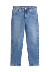 Jeans in denim blu chiaro con taglio dritto, dotati di cinque tasche, chiusura con bottoni e una leggera scoloritura frontale.
