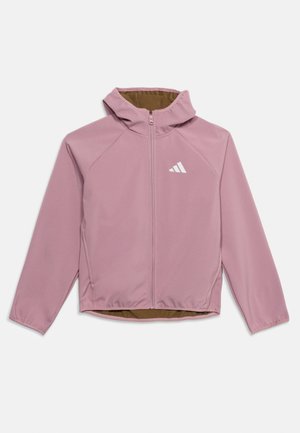 Lichtpaarse jas met rits en capuchon en Adidas-logo op de borst, met lange mouwen en een zachte bruine binnenvoering.