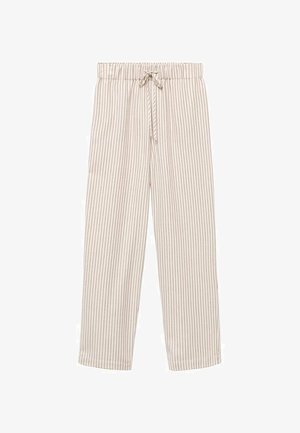 Prúžkované, voľné nohavice vyrobené z ľahkého materiálu. Obsahujú elastický pás s sťahovacou šnúrkou a vertikálne prúžky v krémovej a jemne hnedej farbe.
