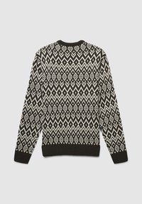 Black and white patterned sweater featuring a diamond design, crew neck, and ribbed cuffs and hem. Knit texture throughout.