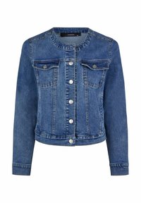 Jeansjacke in Mittelblau, mit rundem Kragen, vorderem Knopfverschluss, zwei Brusttaschen und tailliertem Saum. Glatte Textur.