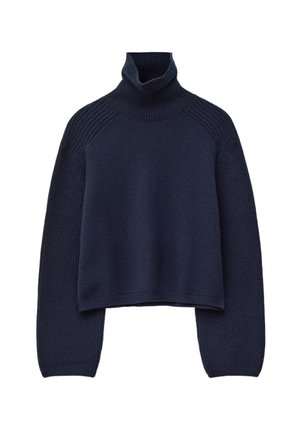Navy blue turtleneck sweater with a ribbed texture, cropped design, and raglan sleeves. Fabric appears soft and knitted.