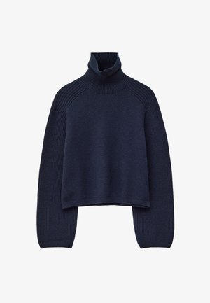Navy blue turtleneck sweater with a ribbed texture, cropped design, and raglan sleeves. Fabric appears soft and knitted.