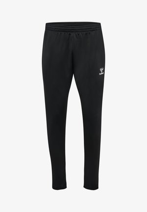 Schwarze Sporthose mit elastischem Bund. Hat ein Logo auf dem linken Bein. Glatte Textur und taillierte Passform.