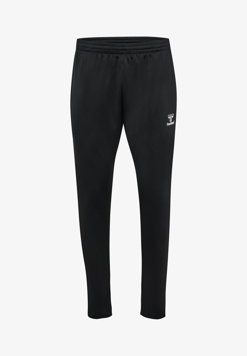 Črne atletske hlače z elastičnim pasom. Na levi nogi je logotip. Gladka tekstura in tapered dizajn.