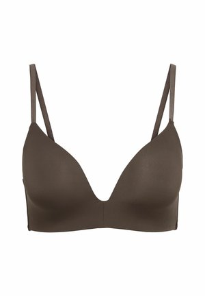 Bruine naadloze beha met dunne verstelbare schouderbandjes en licht gevoerde cups, vooraanzicht op een witte achtergrond.