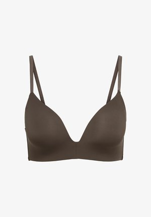 Bruine naadloze beha met dunne verstelbare schouderbandjes en licht gevoerde cups, vooraanzicht op een witte achtergrond.