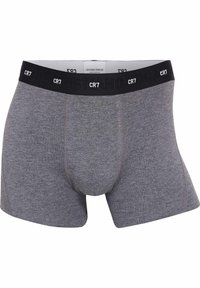 Grå boxer briefs med en sort elastisk talje, der har "CR7" i gentagne bogstaver. Stoffet har en glat tekstur og fleksibel pasform.