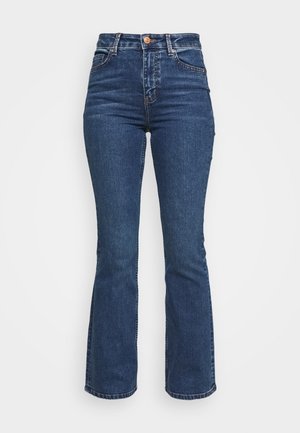 Wysokie jeansy z ciemnoniebieskiego denimu z guzikiem z przodu, zamkiem błyskawicznym, pięcioma kieszeniami i lekko rozszerzanymi nogawkami.