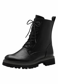 Mustad mustad nahast ankle-kingad ümmarguse nina, paeltega sulgemine ja tekstuuriga kummitald. Taga on tõmbenöör.
