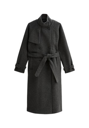 Abrigo de lana gris oscuro con un alto cuello, diseño de doble botonadura, cinturón anudado en la cintura y pu�ños abotonados. Textura suave, hasta la rodilla.