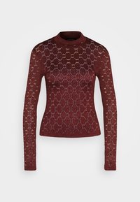 Långärmad figurnära burgundy spetsblus med cirkulärt och diamantmönstrat öppet arbete och en mock neck-krage.