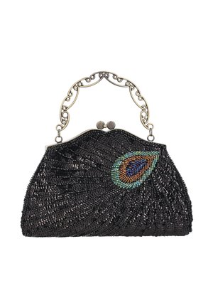 Pochette nera con perline, motivo a spirale e design colorato di piuma di pavone, con manico in metallo decorato e chiusura a clip.