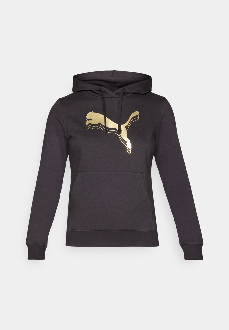 Schwarzes Hoodie mit langen Ärmeln und einer Fronttasche. Verfügt über ein goldfarbenes Puma-Logo und kontrastierende Streifenakzente auf dem Logo. Weicher Stoff.