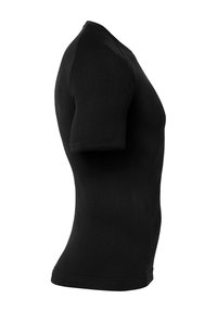 Zwarte korte mouwen t-shirt van textuur stof. Fitted ontwerp met een ronde hals en naadloze constructie voor comfort.