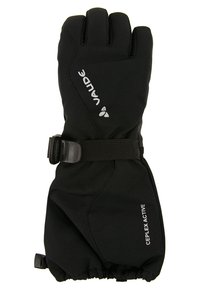 Svart vannavstøtende hansker med en glatt overflate, justerbar håndleddsrem og logodetaljer, designet for aktiviteter i kaldt vær.