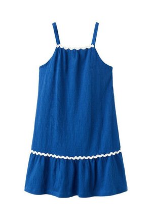 Blue sleeveless dress with thin straps, white wavy trim along the neckline and above the ruffled hem.