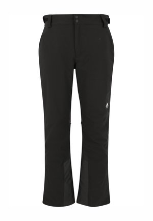 Mustat ulkoiluhaalariosat, suoran leikkauksen omaavat, valmistettu kestävästä kankaasta, joissa on vyötäröllä kaksi nappia ja vetoketjulliset sivutaskut.