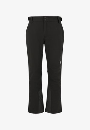 Mustat ulkoiluhaalariosat, suoran leikkauksen omaavat, valmistettu kestävästä kankaasta, joissa on vyötäröllä kaksi nappia ja vetoketjulliset sivutaskut.