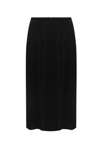 Jupe crayon noire en tissu lisse, avec une coupe ajustée, longueur genou, et une fermeture éclair discrète dans le dos.