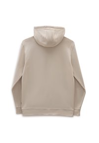 Lichtbeige hoodie met een voorkant kangaroo zak, een capuchon met trekkoord en ribbelmanchetten en -zoom. Glad textiel met minimale stikdetails.