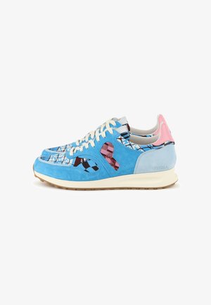 Pair of blue suede sneakers with patterned fabric, white laces, pink heel accents, and beige sole shown from the side on white background.