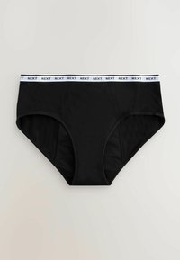 Crni pamučni slip s bijelim elastičnim pojasom na kojem je ispisano ime brenda "NEXT" duž vrha. Glatka tekstura, klasični dizajn.