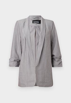 Šedý blazer s pleteným límcem, tříčtvrtečními rukávy a hladkým vnitřním podšíváním. Má jednobuttonová zapínání a přizpůsobený střih.